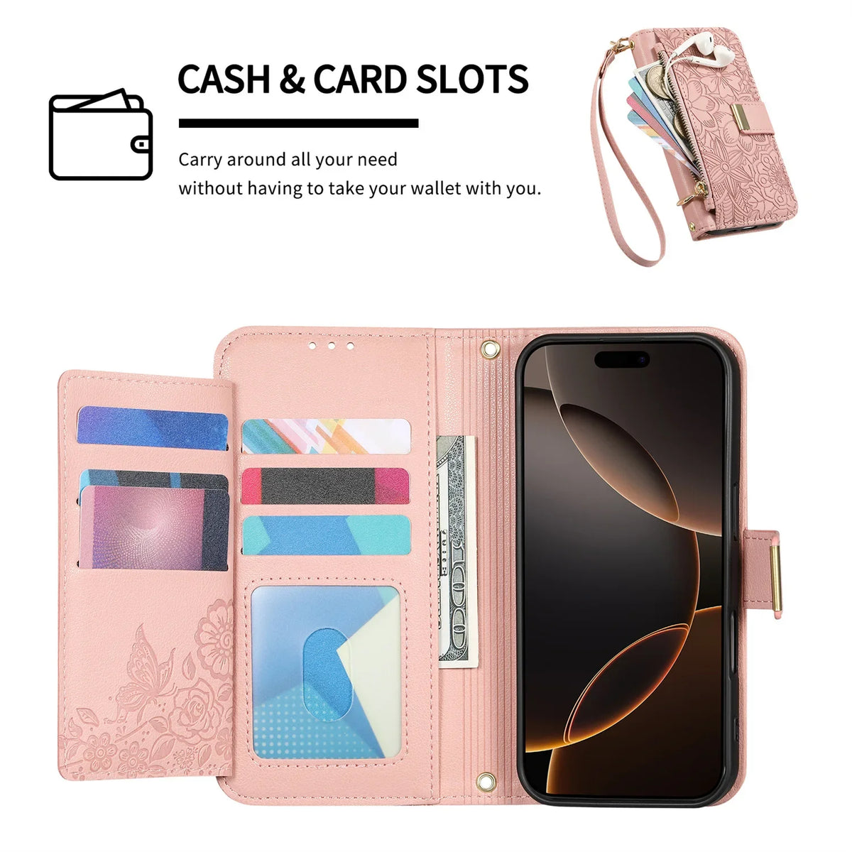 Wrist Strap Crossbody Zipper Wallet Phone Case for iPhone 17 Pro, iPhone 17 Pro Max, iPhone 14 Plus, iPhone 14 Pro Max, iPhone 13, iPhone 13 Pro, iPhone 13 Pro Max, iPhone 12, iPhone 16 Pro, iPhone 12 Pro Max, iPhone 17 & More Models