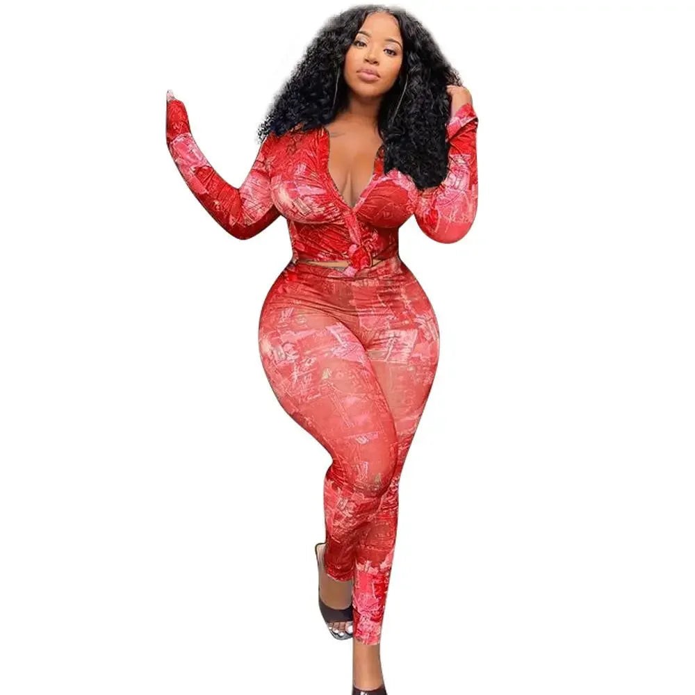 Women's Plus-Size Printed Top & Fitted Pants Set