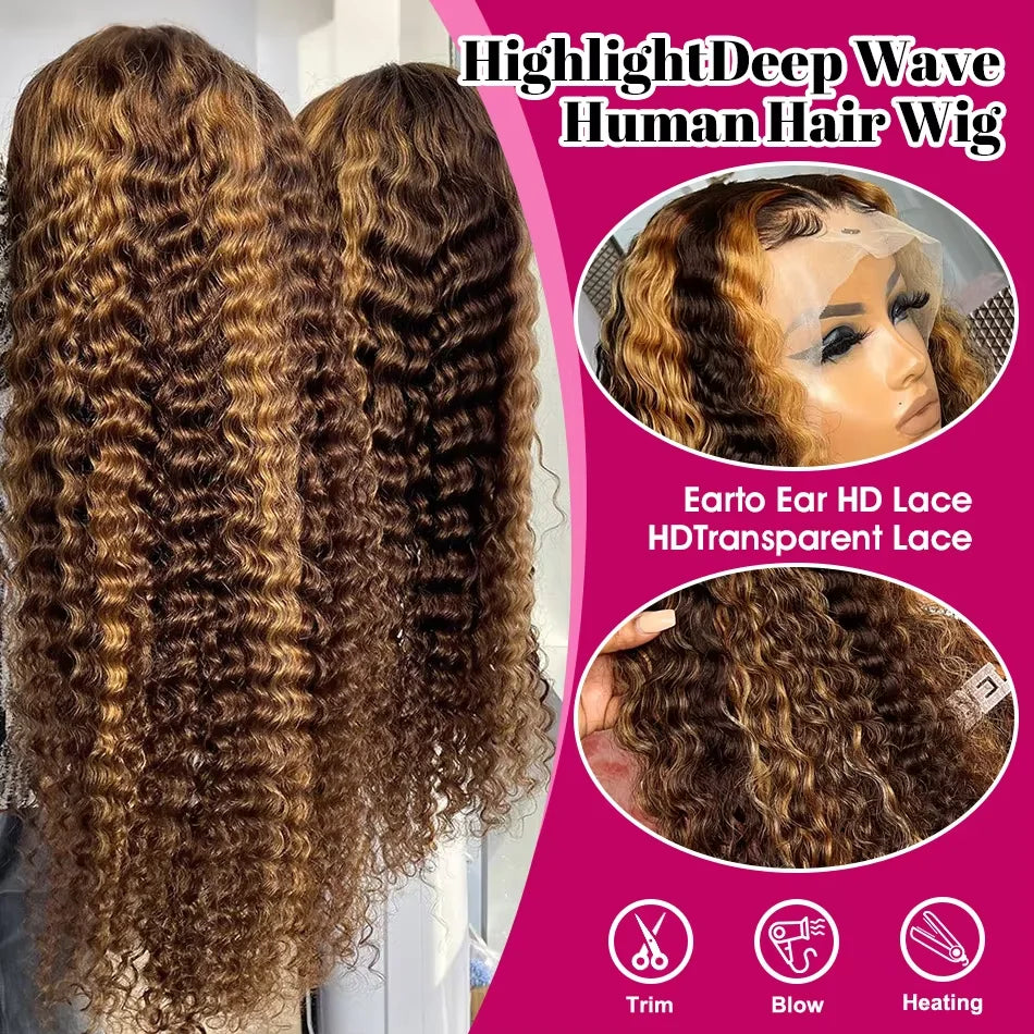 4/27 Highlight 220Density Ombre Water Wave Hd Lace Front Wigs Glueless Wigs 30 32Inch Brown 13x6 Hd Lace Frontal Human Hair Wigs