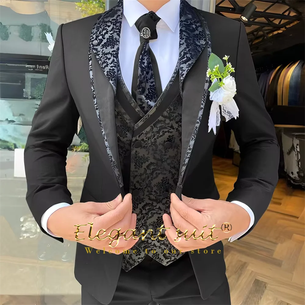 Men's Black Jacquard 3-Piece Suit Set — product view