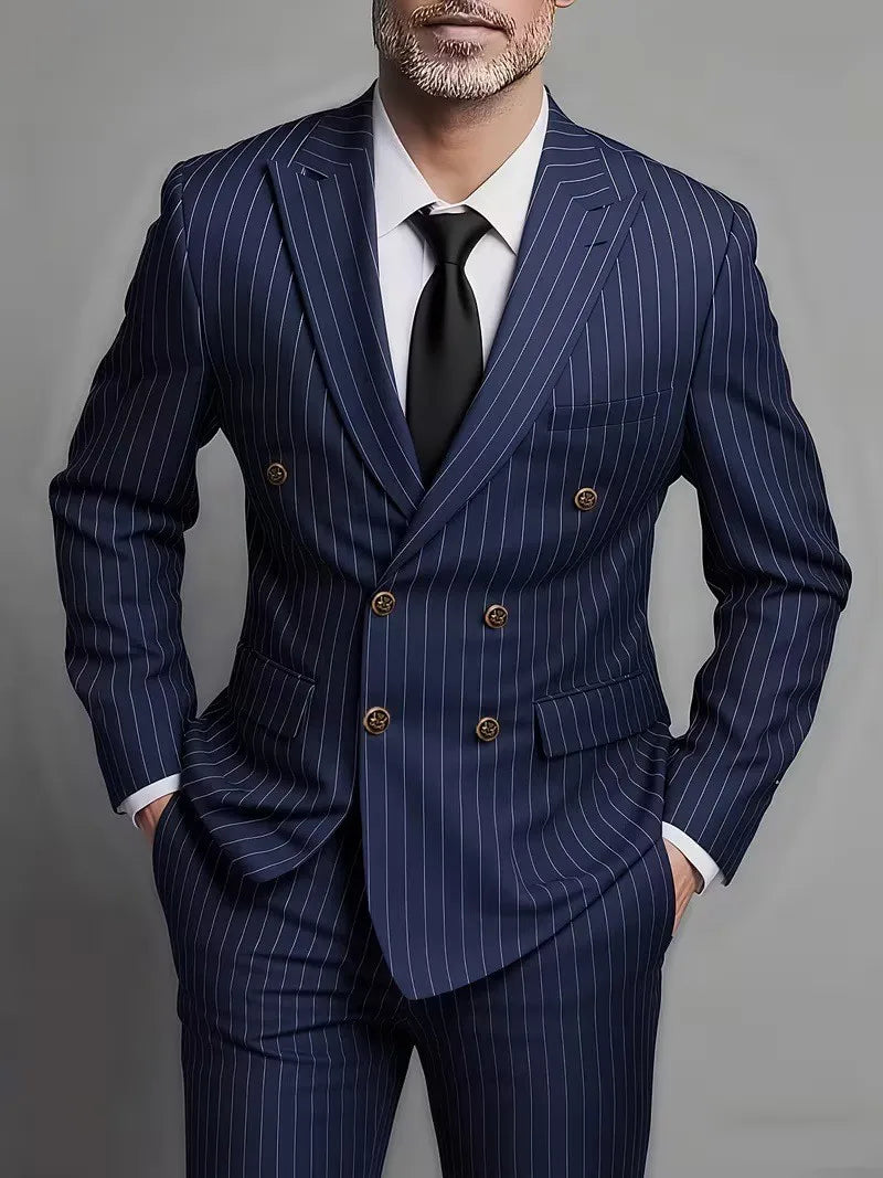 Men's Striped Slim-Fit Double-Breasted Suit Set — product view