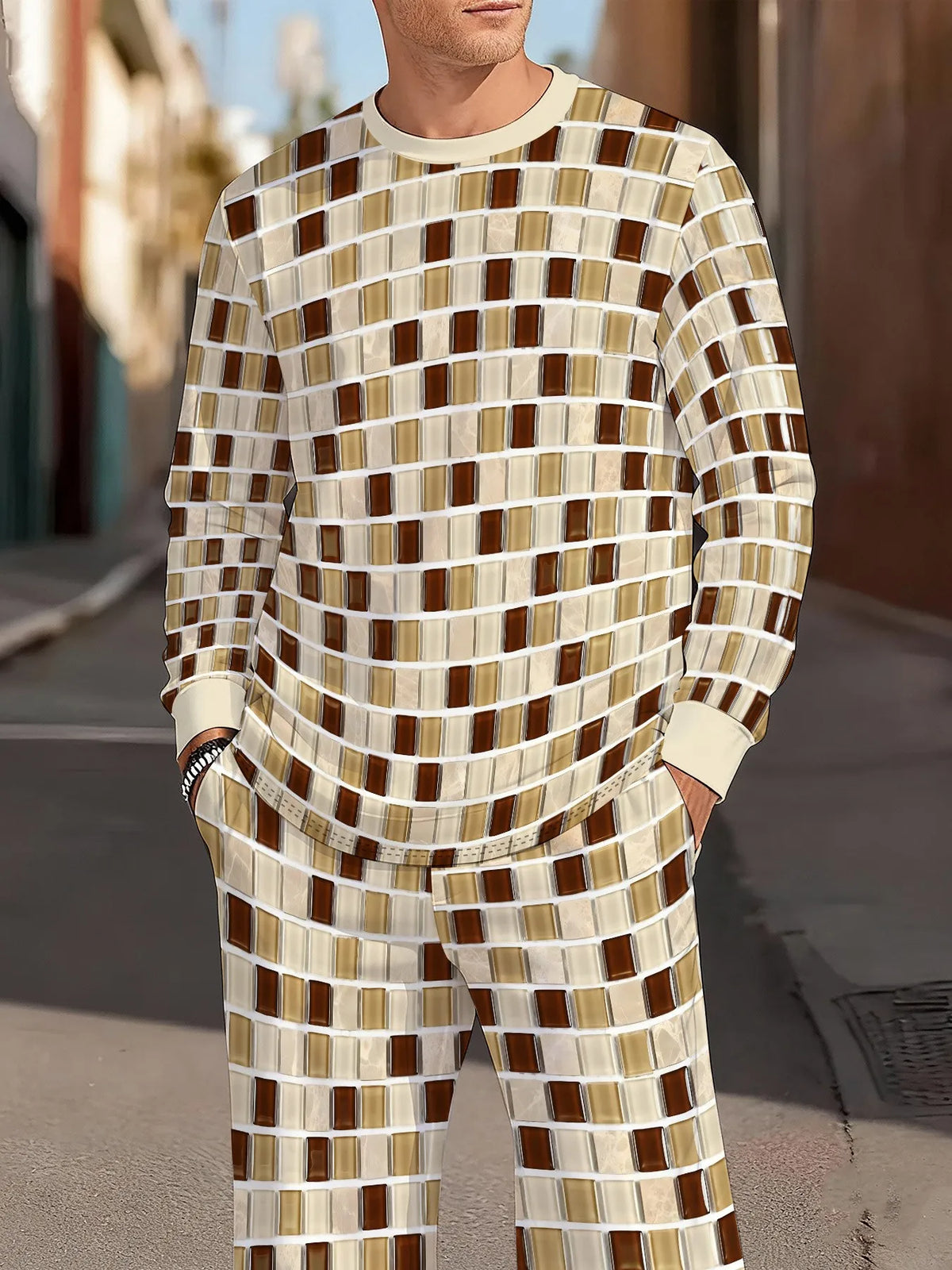 Men's Check Print Sweatshirt & Pants Set