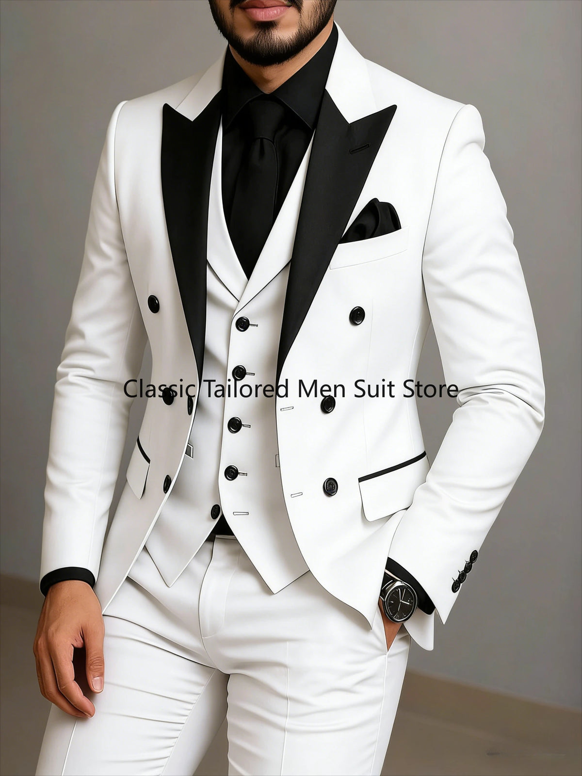 Men's Beige Slim-Fit Double-Breasted Suit Set — product view