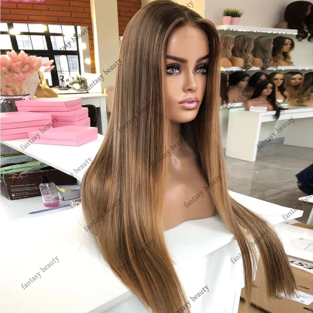Light Brown Straight Human Hair Lace Wig — product view
