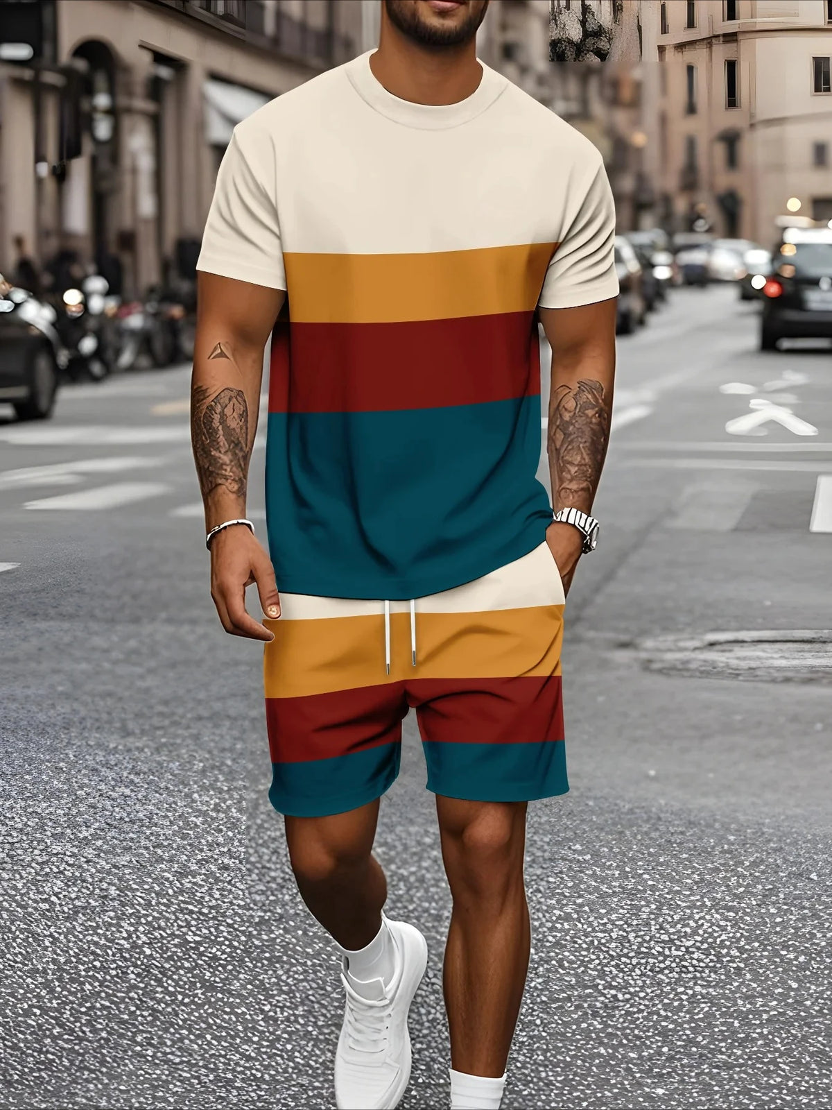 Men's Graphic Print Top & Shorts Set