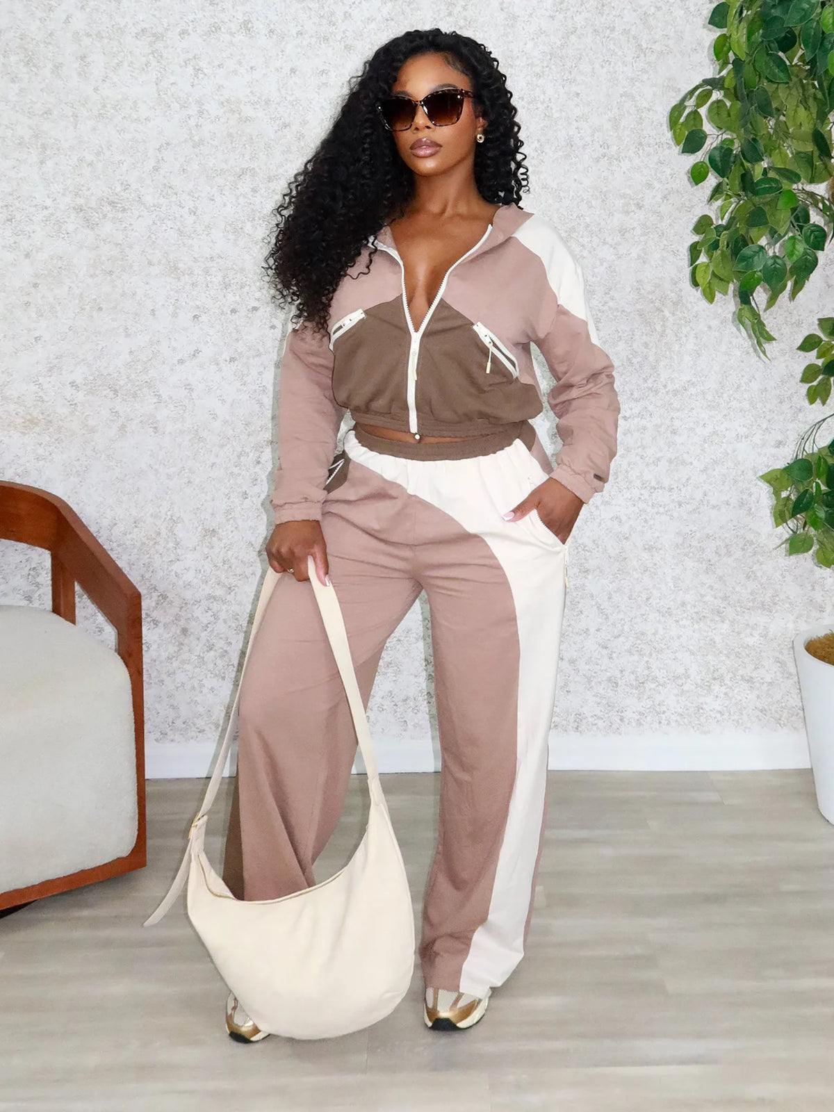 Women's Colour-Block Zip Jacket & Wide-Leg Pants Set