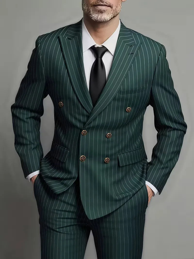 Men's Striped Slim-Fit Double-Breasted Suit Set — product view