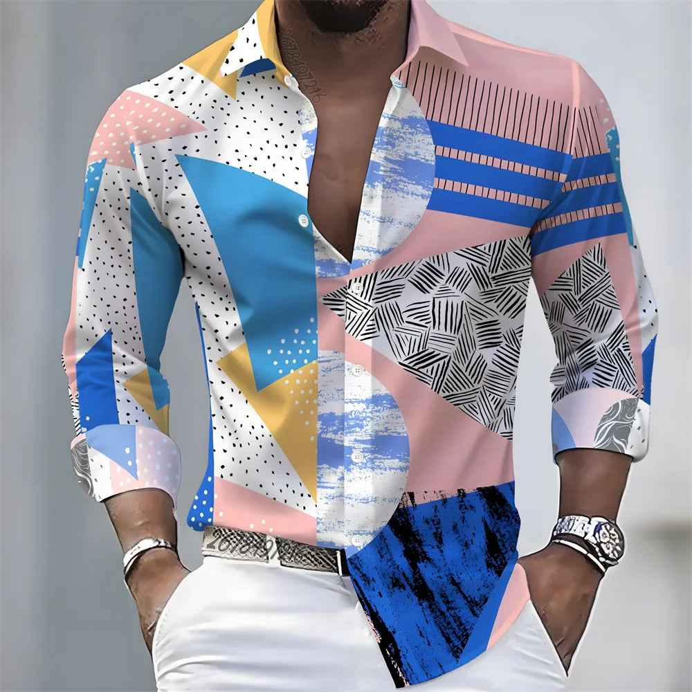 Men's Geometric Print Long-Sleeve Casual Shirt