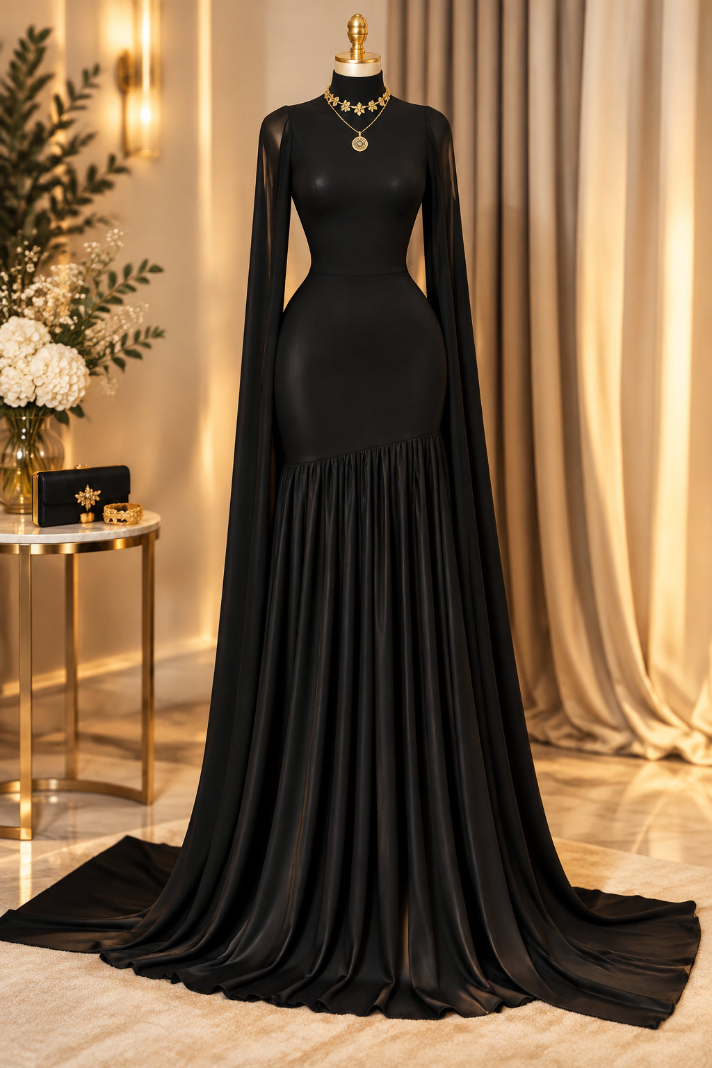 A black long-sleeve floor-length gown displayed on a mannequin in an indoor setting with beige curtains, a wood floor, and a plant. The brand name CM.