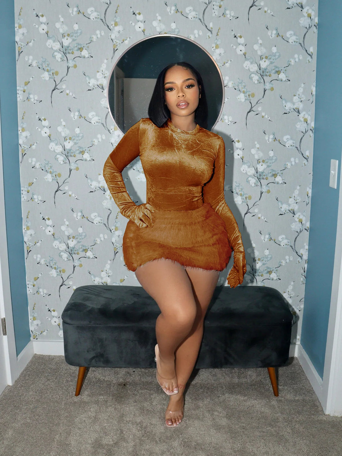 Women's Velvet Top & Fitted Mini Skirt Set