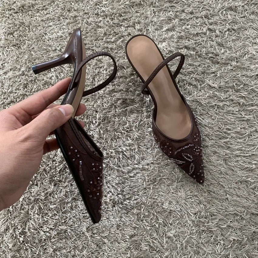 Women's Beaded Mesh Slingback Heels — product view