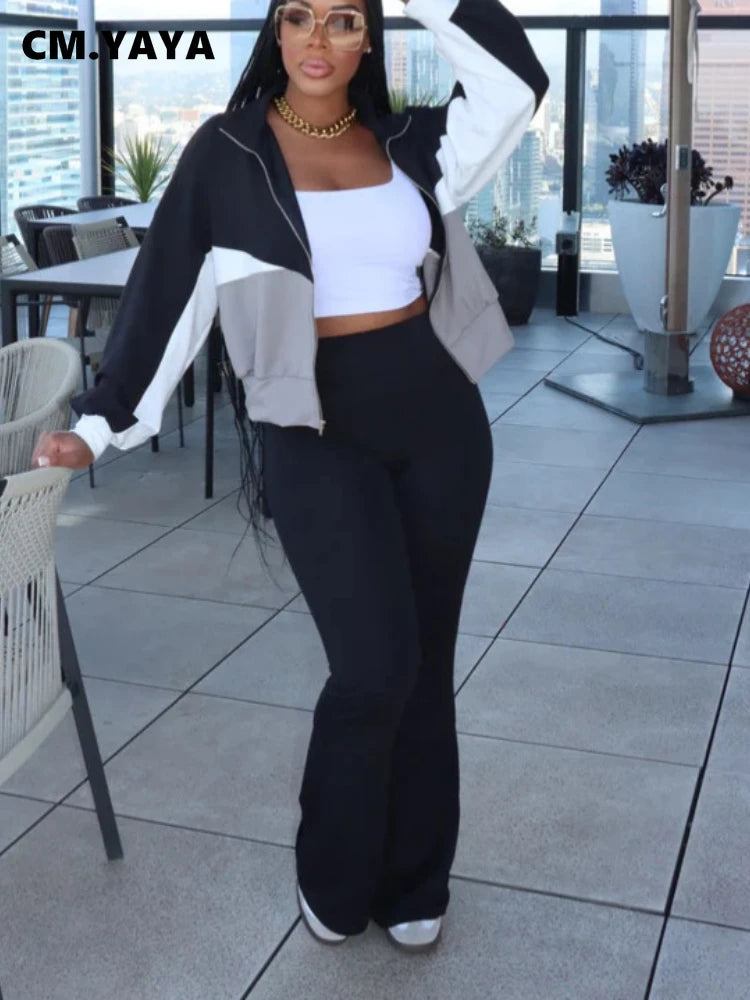 Women's Colour-Block Zip Sweatshirt & Wide-Leg Pants Set