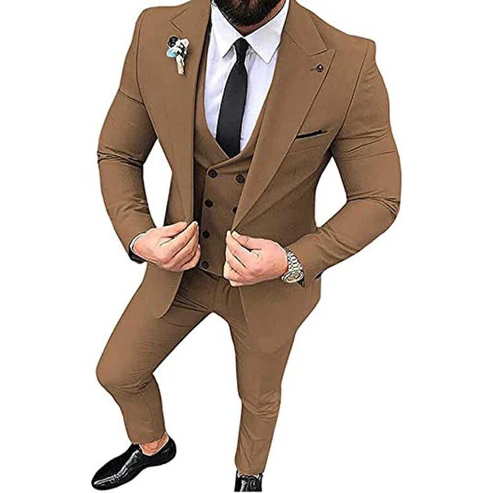 Men's Beige 3-Piece Slim Fit Peak Lapel Suit Set — product view