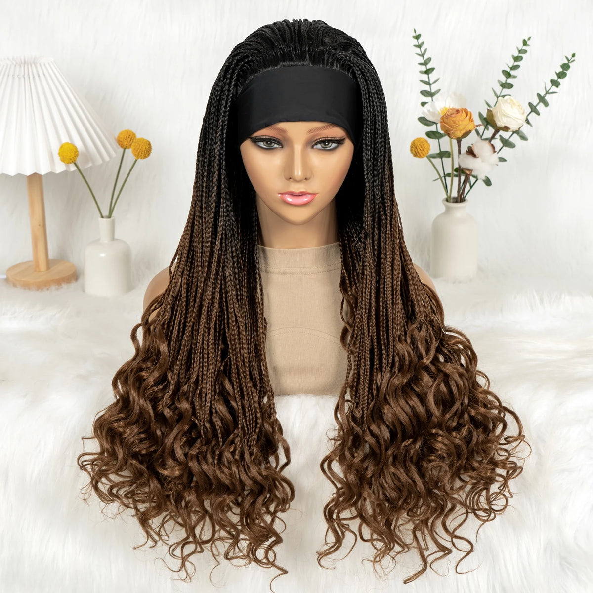 Silk Headband Wig Braided Wig with Curly Ends Headband Wig Knotless - OSASCO