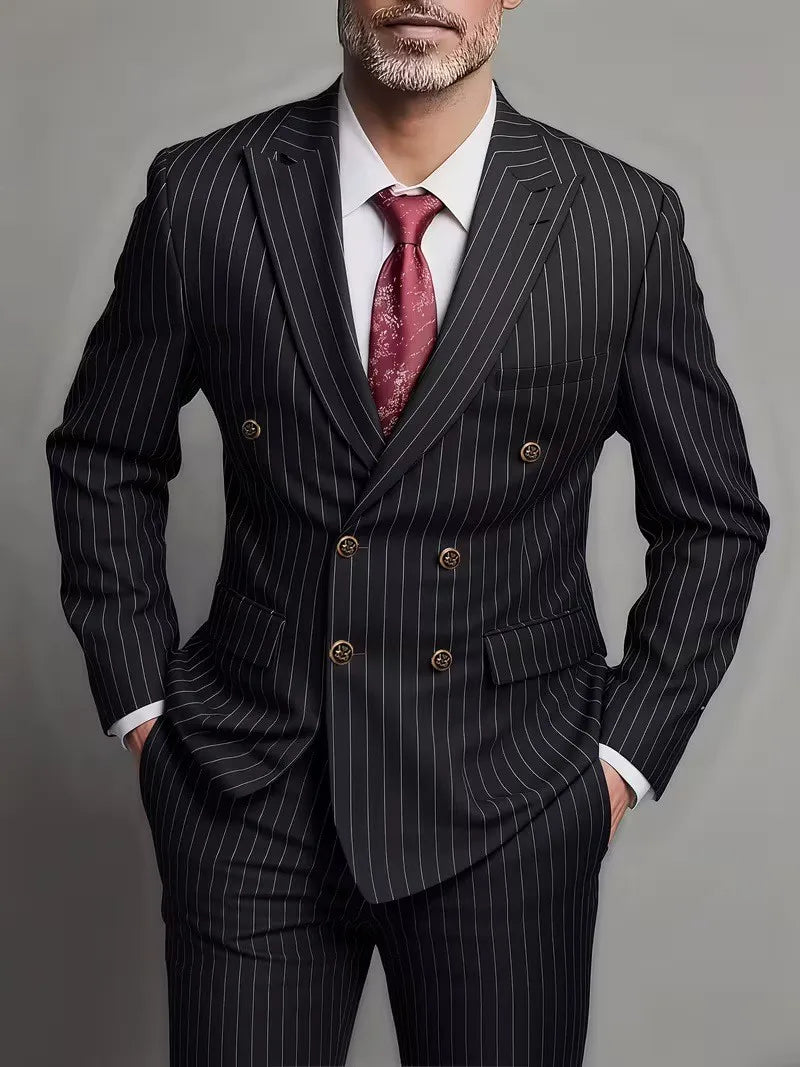 Men's Striped Slim-Fit Double-Breasted Suit Set — product view