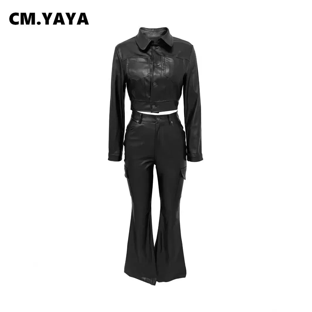 Women's Faux Leather Jacket & Flared Pants Set