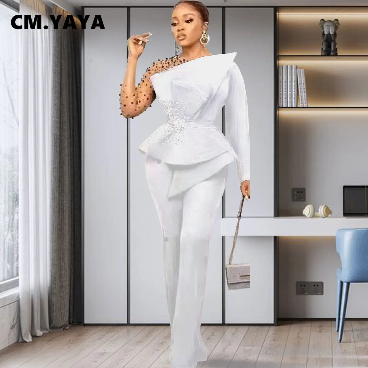 Women's Beaded Mesh Ruffle Blazer & Pants Set