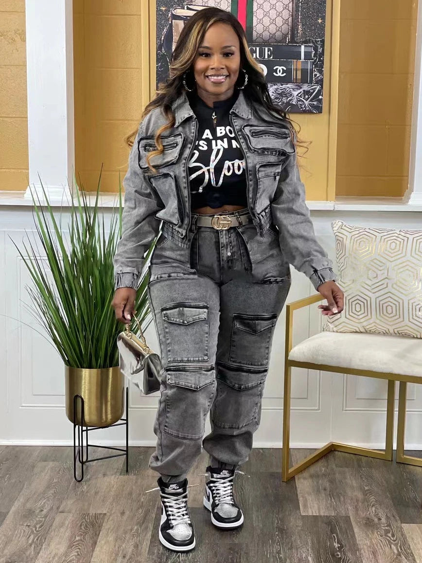 Women's Pocket Denim Jacket & Cargo Jeans Set