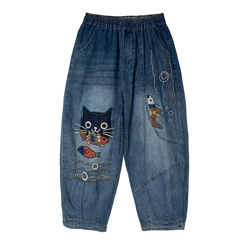 Women's Owl-Embroidered Cropped Jeans — product view