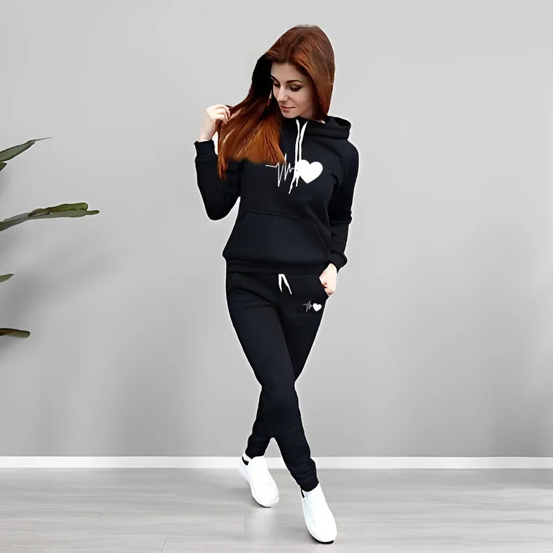 Women's Heart Print Hoodie & Pants Set
