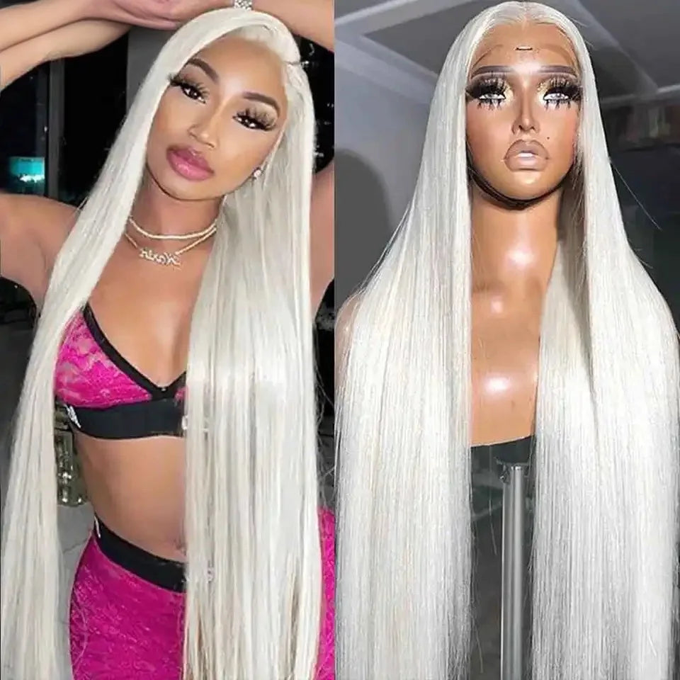 Long Silky Straight White Blonde Color Synthetic 13x4 HD Lace Frontal - OSASCO