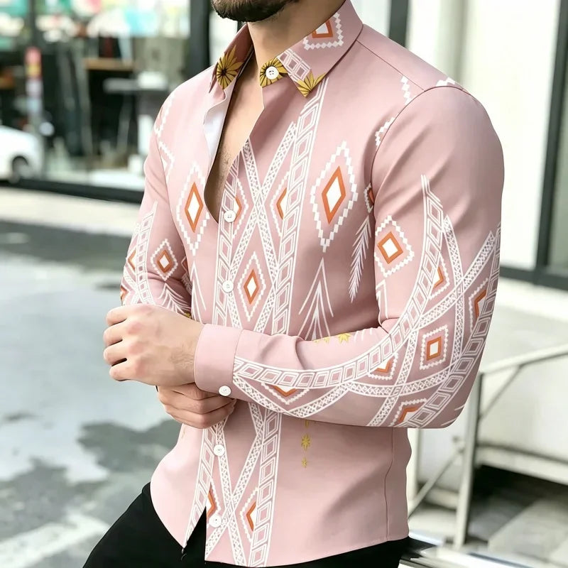Men's Geometric Print Long-Sleeve Casual T-Shirt