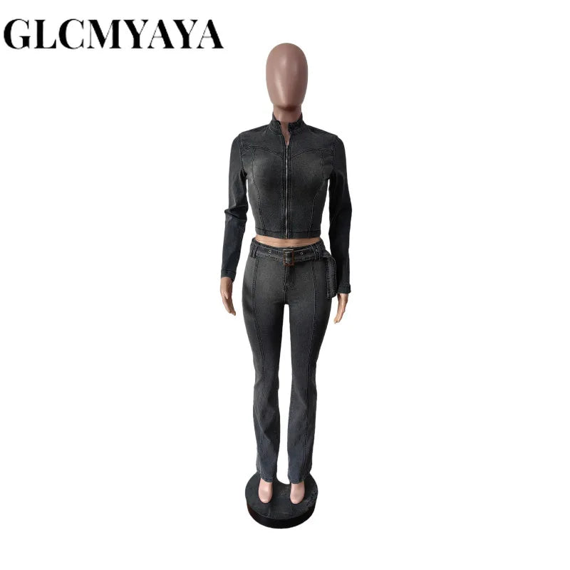 Women's Zip-Up Denim Top & Pants Set