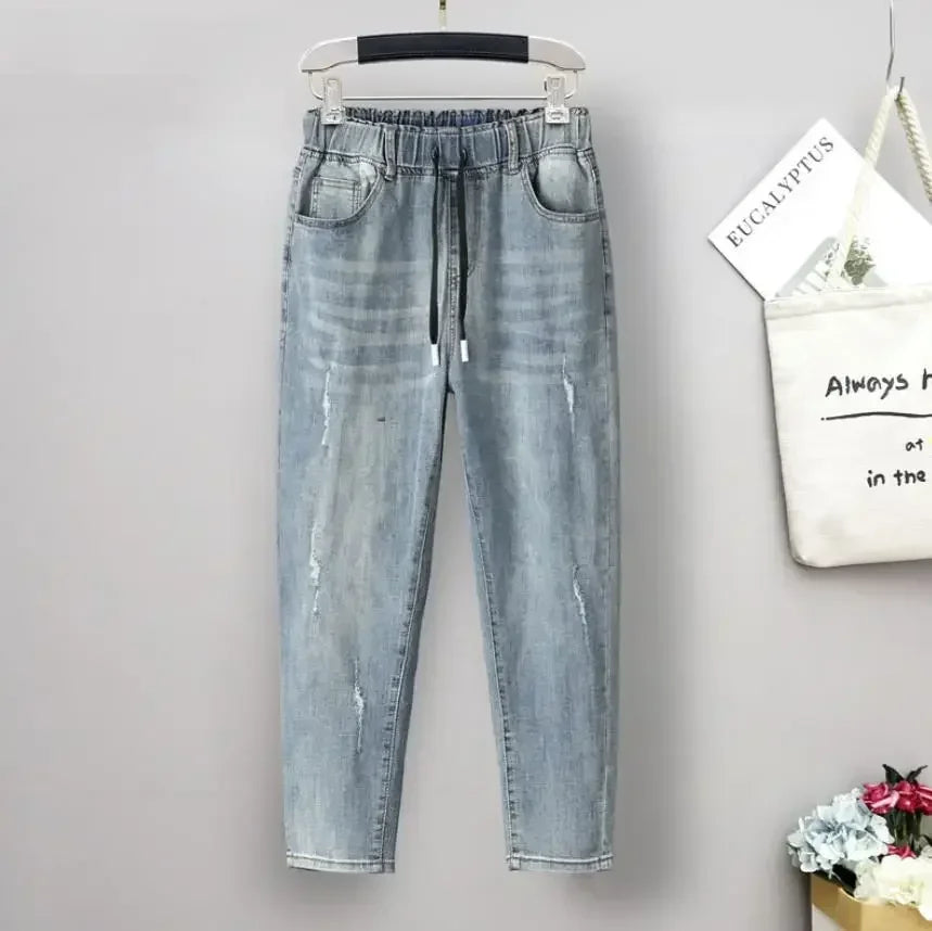 Women's Plus-Size Elastic-Waist Ripped Jeans — product view