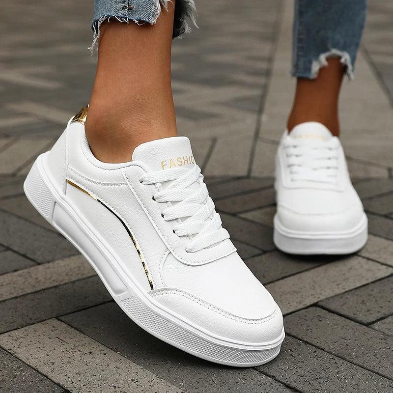 Women's White Sneakers with Silver Trim — product view