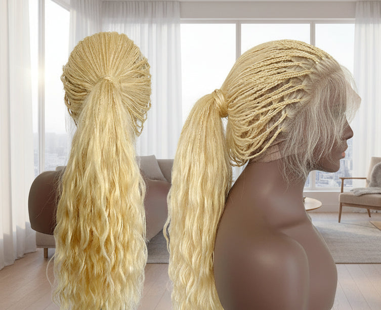 Glueless Blonde Boho Box Braided Human Hair Wig — product view