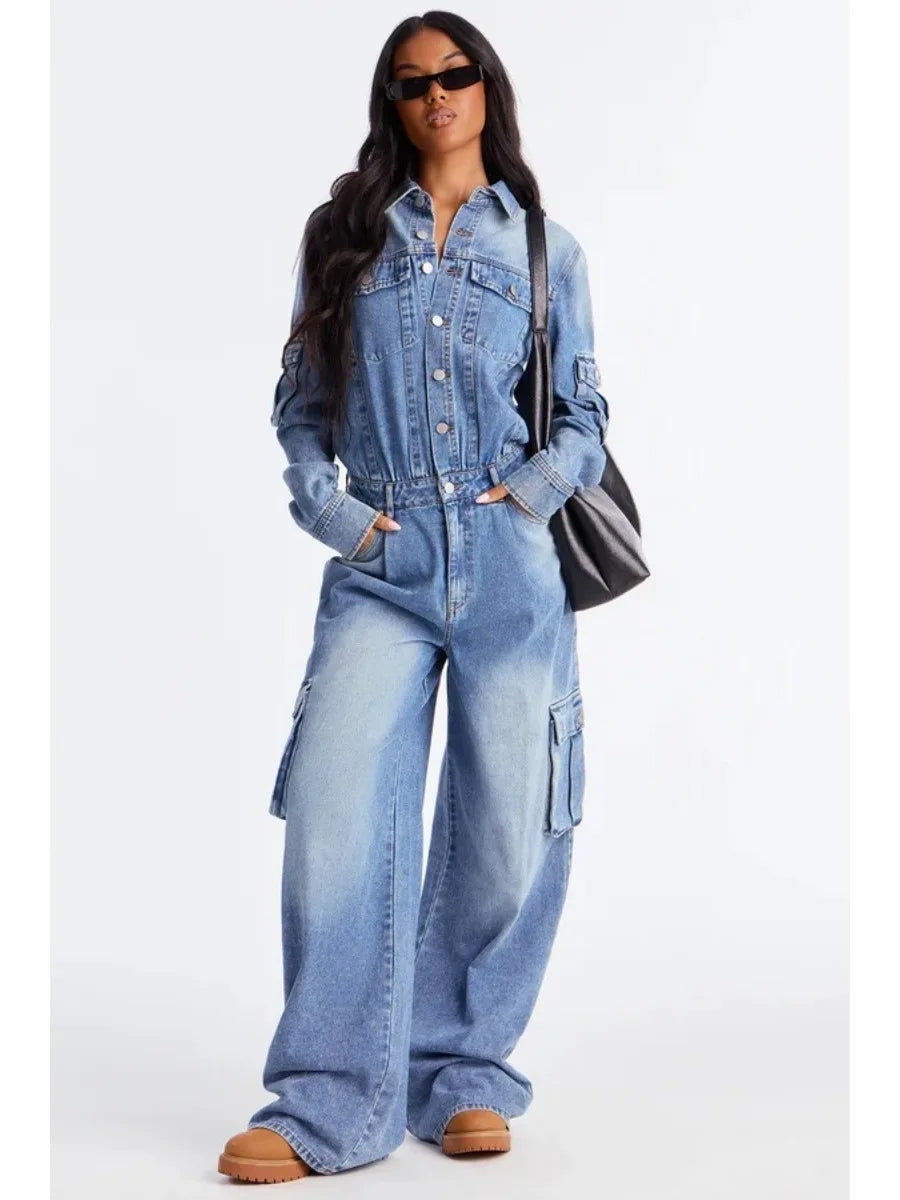 Women's Multi-Pocket Straight-Leg Denim Jumpsuit