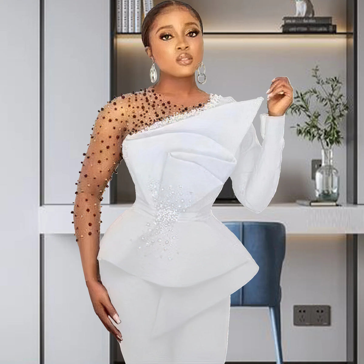 Women's Beaded Mesh Top & Wide-Leg Pants Set