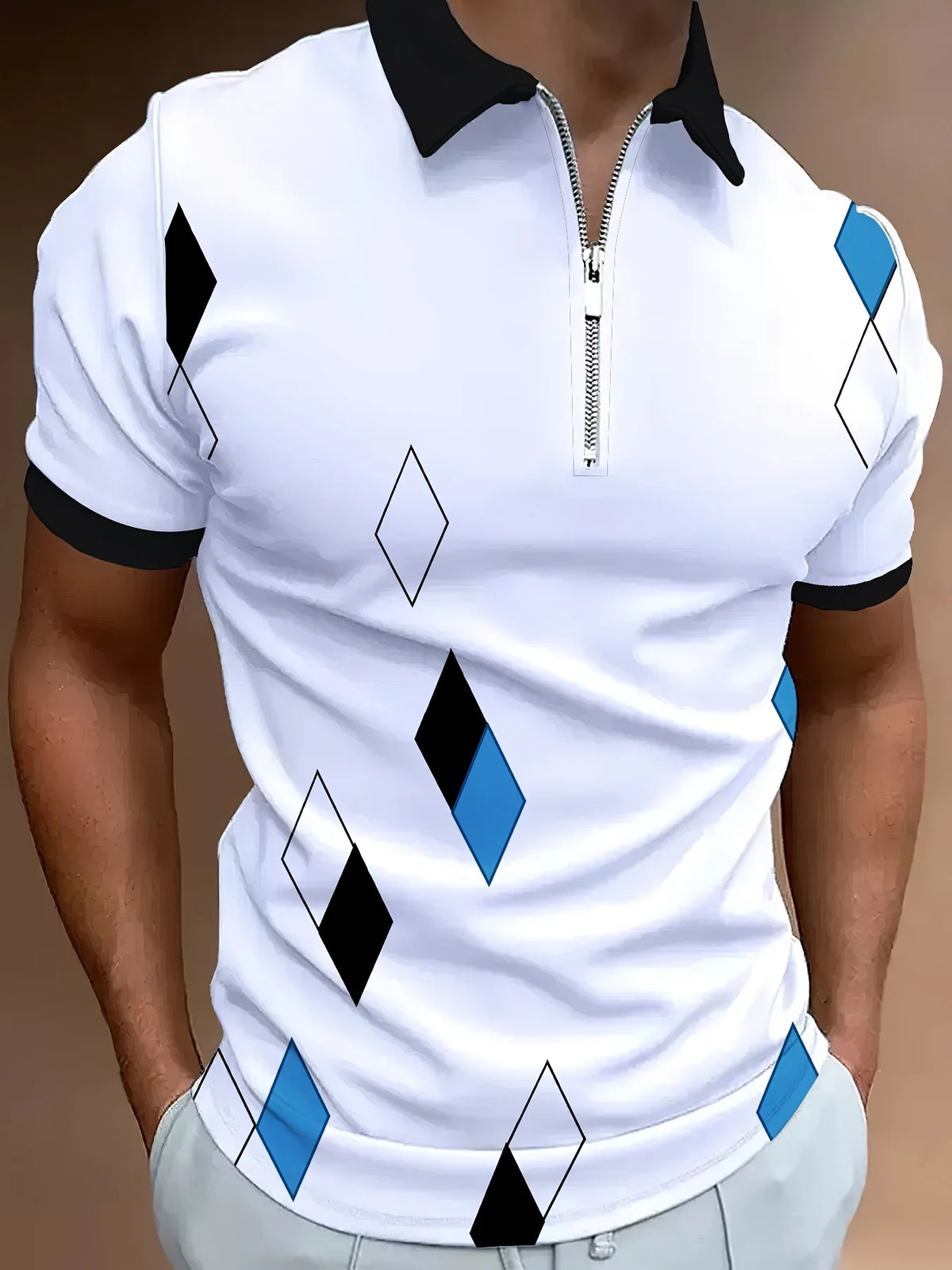Men's Check Print Short-Sleeve Zip-Neck Polo Shirt