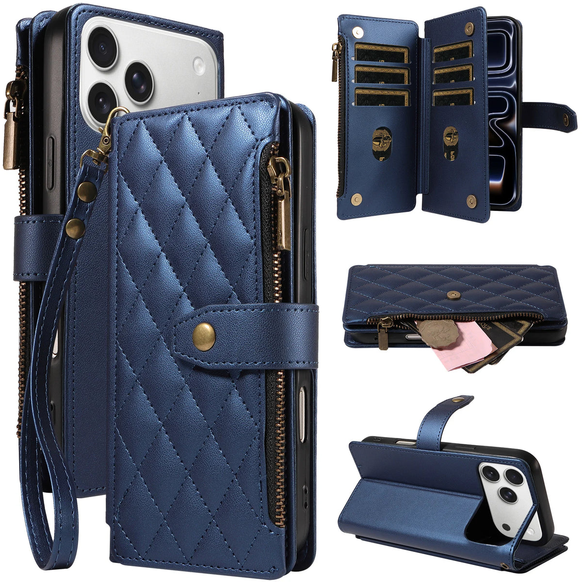 Embroidered Wrist Strap Zipper Wallet Phone Case for iPhone 17e, iPhone 18 Pro, iPhone 18 Pro Max, iPhone 18, iPhone 14 Pro, iPhone 14 Plus, iPhone 14 Pro Max, iPhone 14, iPhone 15 Plus, iPhone 15 Pro Max, iPhone 15 Pro & More Models