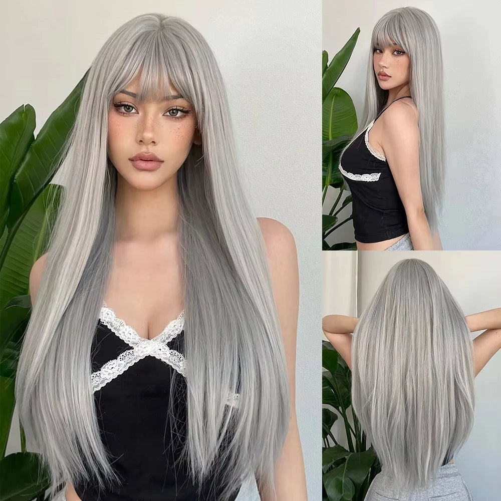 White Long Straight Synthetic Wig Colorful Cosplay Party Fake Hair - OSASCO