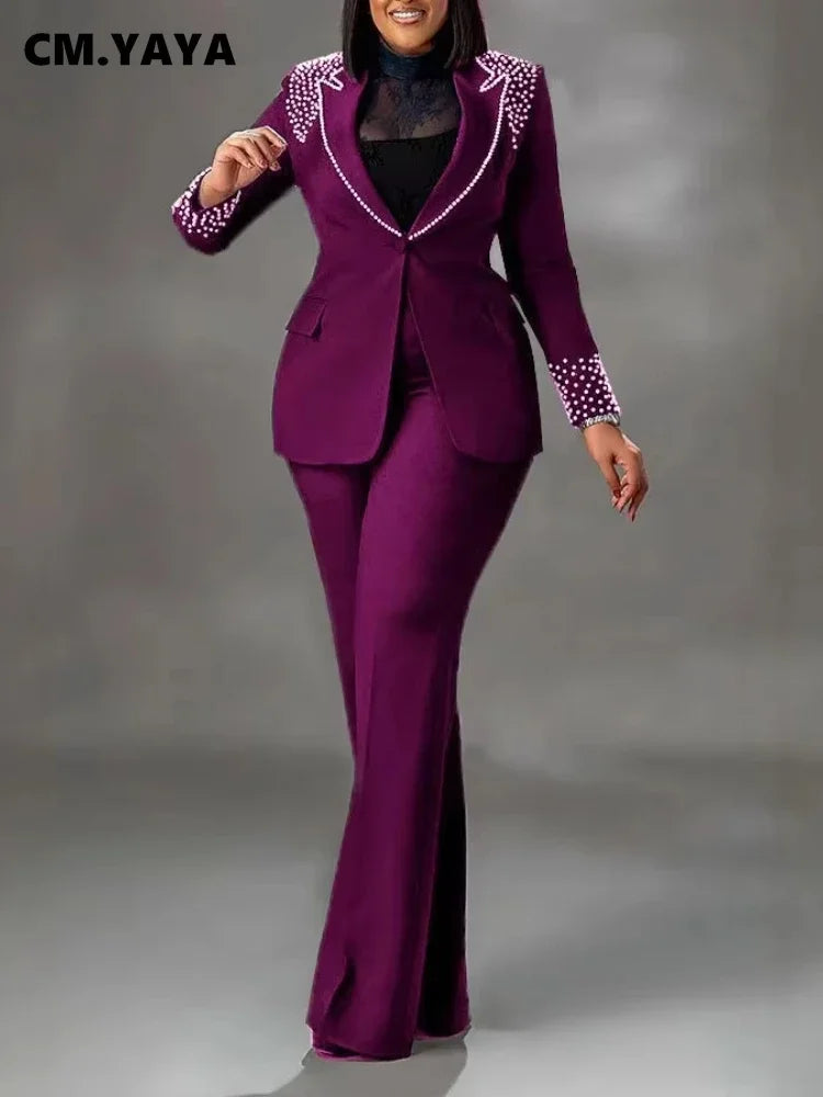 Women's Pearl-Detail Blazer & Wide-Leg Pants Set