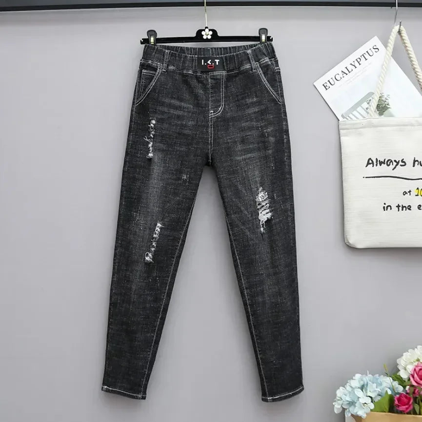 Women's Plus-Size Elastic-Waist Ripped Jeans — product view