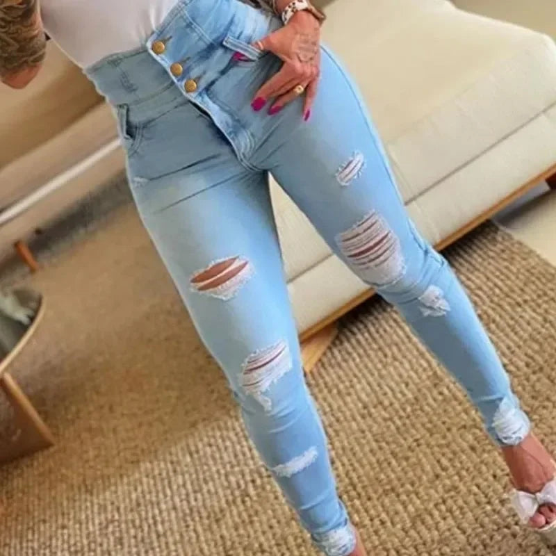 Women's Distressed Stretch Pencil Jeans — product view