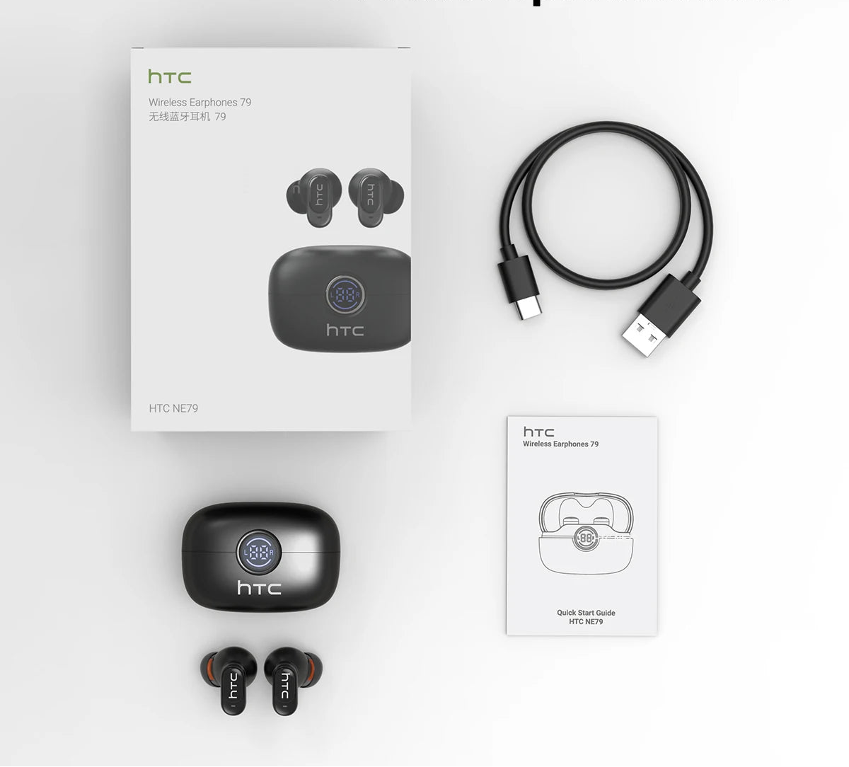 HTC wireless earbuds with packaging, cable, and quick start guide on a white background