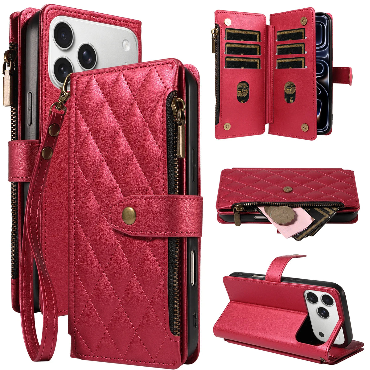 Embroidered Wrist Strap Zipper Wallet Phone Case for iPhone 17e, iPhone 18 Pro, iPhone 18 Pro Max, iPhone 18, iPhone 14 Pro, iPhone 14 Plus, iPhone 14 Pro Max, iPhone 14, iPhone 15 Plus, iPhone 15 Pro Max, iPhone 15 Pro & More Models