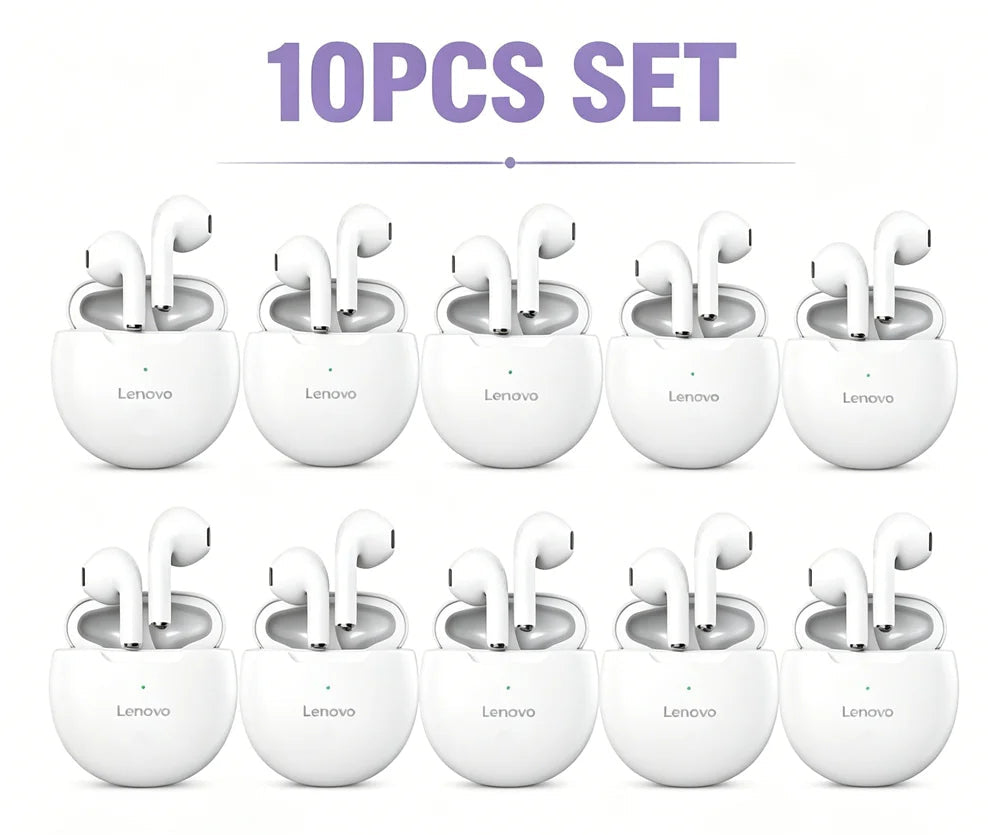 A 10-pack set of white wireless earbuds in their charging cases, arranged in two rows of five on a white background. Purple text at the top reads '10PCS SET' and at the bottom reads 'SNOW WHITE' and 'Fashion Wireless Earbuds'.