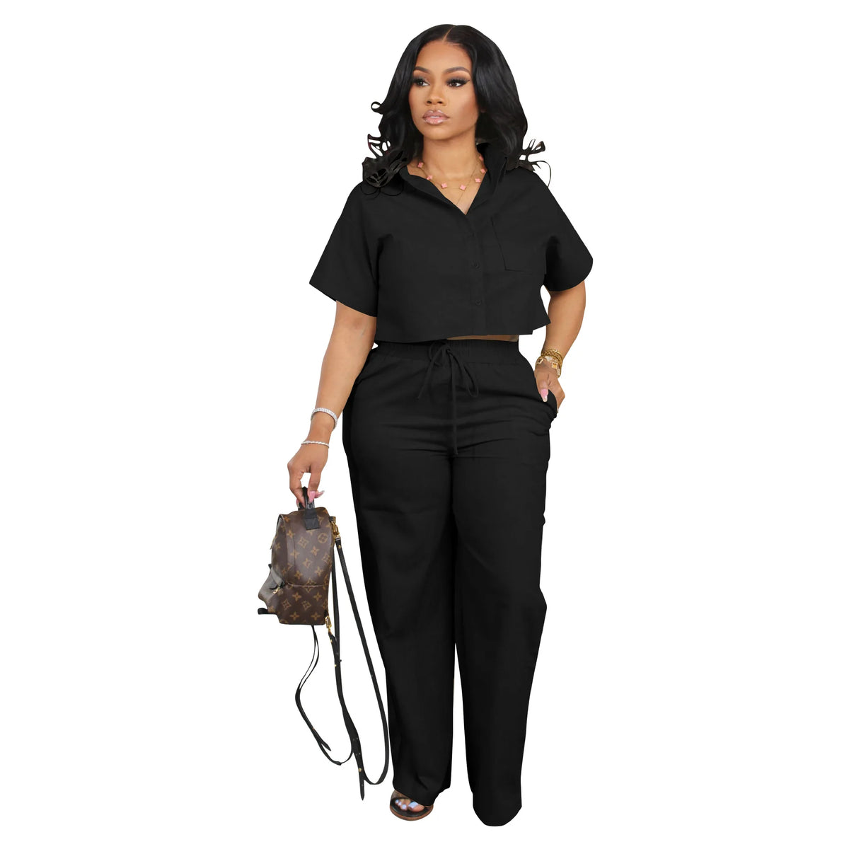 Women's Short-Sleeve Linen Shirt & Wide-Leg Pants Set