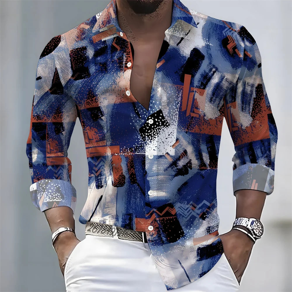 Men's Geometric Print Long-Sleeve Casual Shirt
