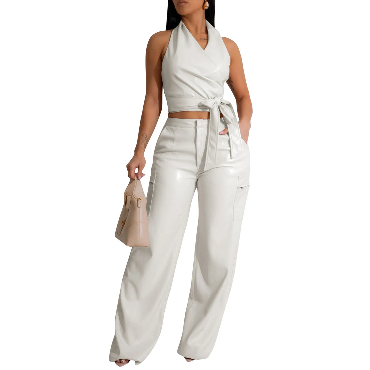 Women's Faux Leather Halter Top & Pants Set