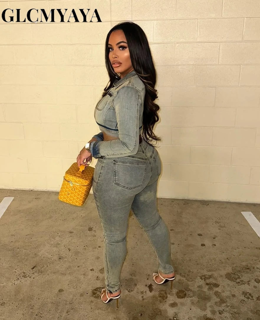 Women's Denim Patchwork Jacket & Fitted Jeans Set