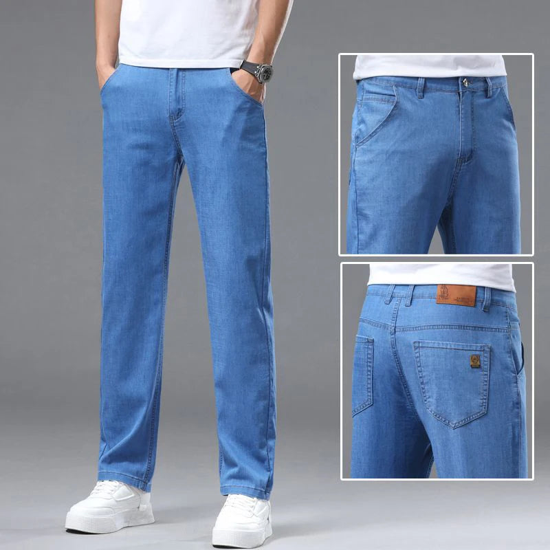 Men's Blue Straight-Leg Stretch Denim Jeans - Business Casual Style — product view