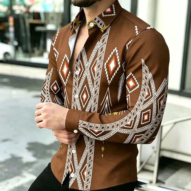 Men's Geometric Print Long-Sleeve Casual T-Shirt