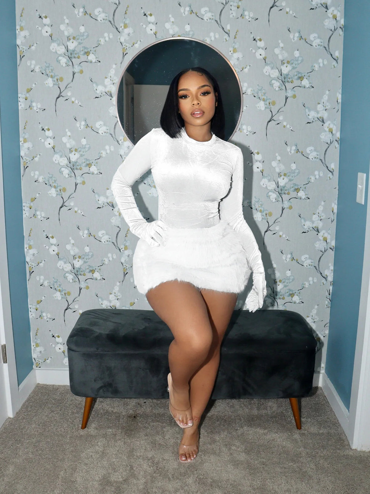 Women's Velvet Top & Fitted Mini Skirt Set