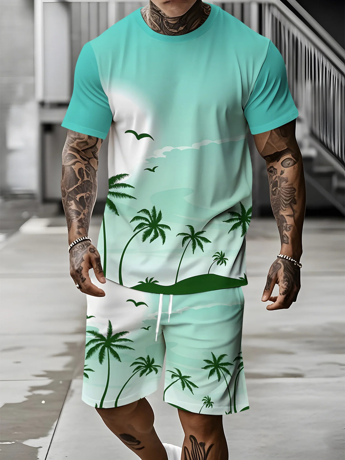 Men's Palm Tree Print Top & Shorts Set