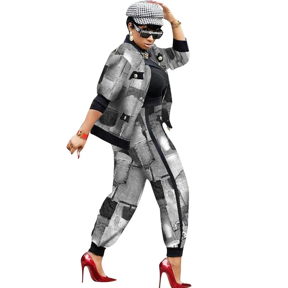 Women's Houndstooth Patchwork Jacket & Pants Set